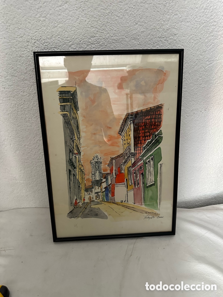 Arte: Acuarela firmada vista urbana C&aacute;diz 1987 paisaje calle antiguo enmarcado