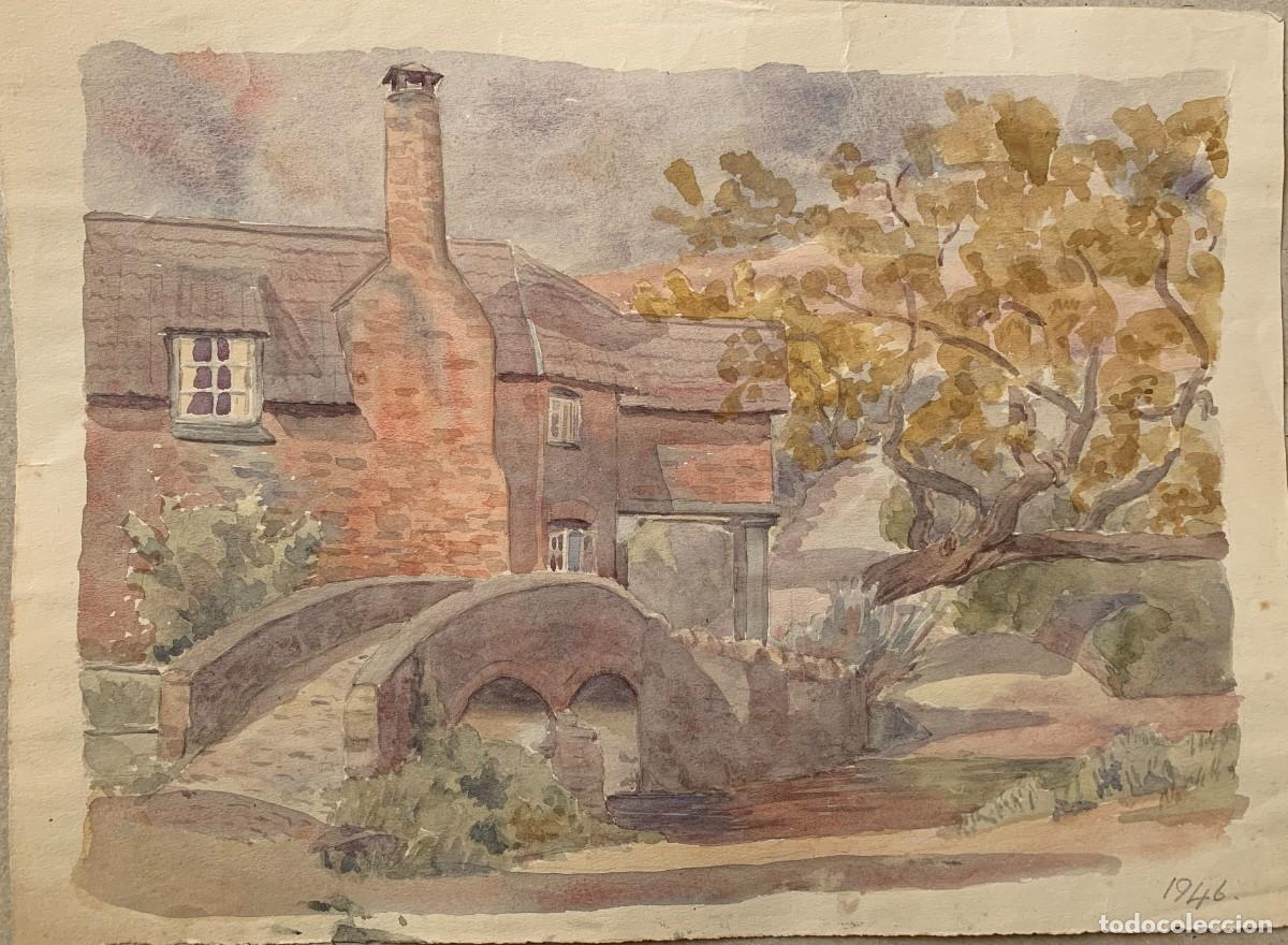 Arte: Casas y puente. Acuarela escuela inglesa siglo XX