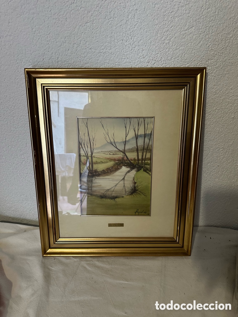 Arte: Paisaje rural firmado Pujol acuarela sobre papel enmarcada