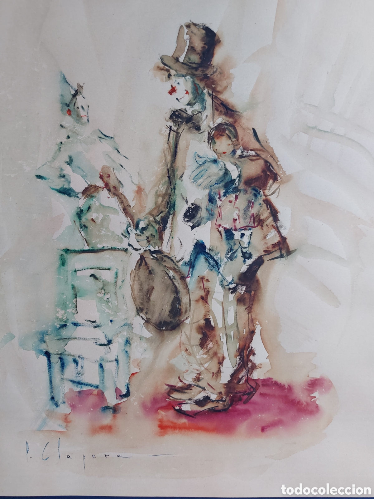 Arte: PERE CLAPERA &rdquo;BOCETO DE PAYASOS EN ESCENA&rdquo; ACUARELA
