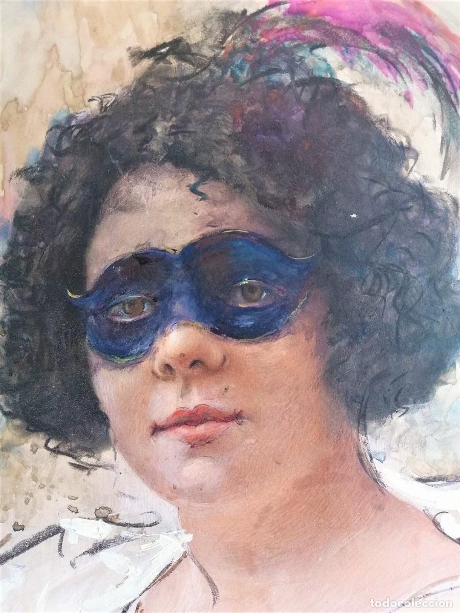 Arte: Ano 1920 pintura a una joven con un antifaz azul de carnaval.