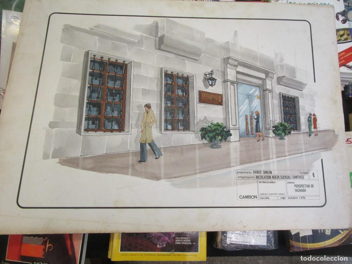 Arte: Acuarela de Puri del Palacio, dise&ntilde;o para sucursal Banco Sime&oacute;n en Santiago 1974 fachada, 70x50cm. +