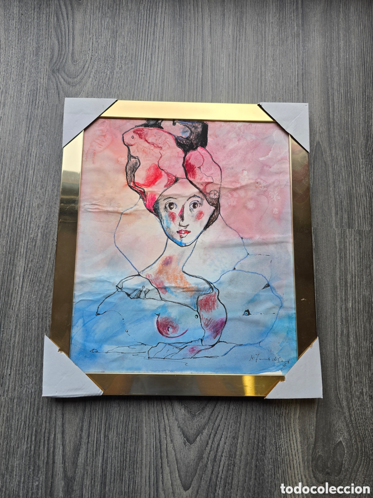 Arte: ​Retrato Femenino al Estilo Modernista de MIQUEL TORNER DE SEMIR - T&eacute;cnica Mixta Firmada - Enmarcado