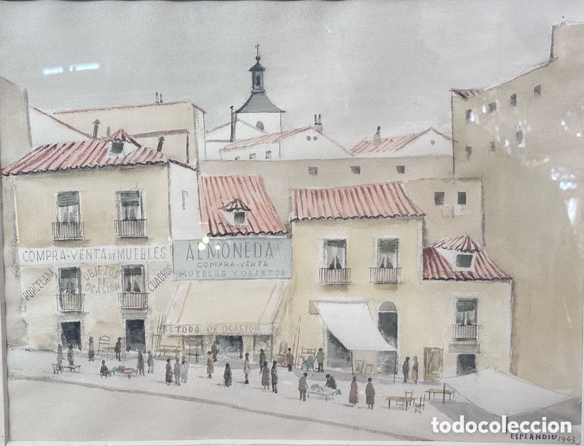 Arte: Juan Esplandi&uacute;. Una calle del rastro. Acuarela. (Madrid 1901-1978)