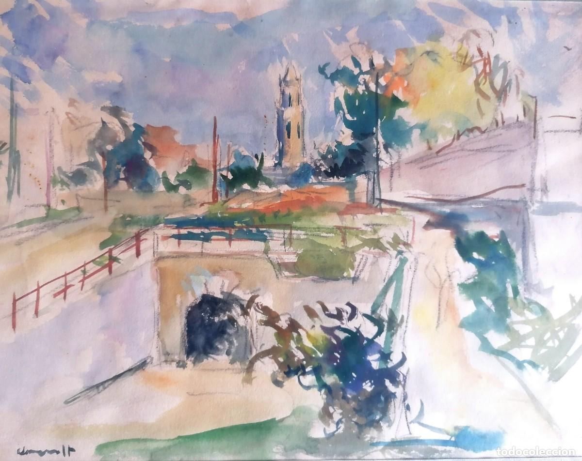 Arte: Jaume Queralt (Tarragona, 1949). Acuarela 32 x 24 cm. Paisaje Alforja. Firmada. Con marco.