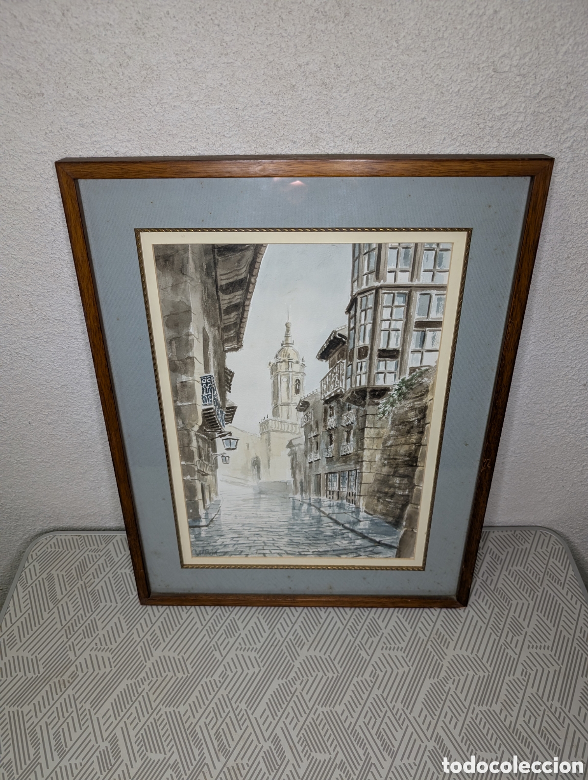 Arte: Cuadro estilo acuarela calle antigua con marco madera 56x45