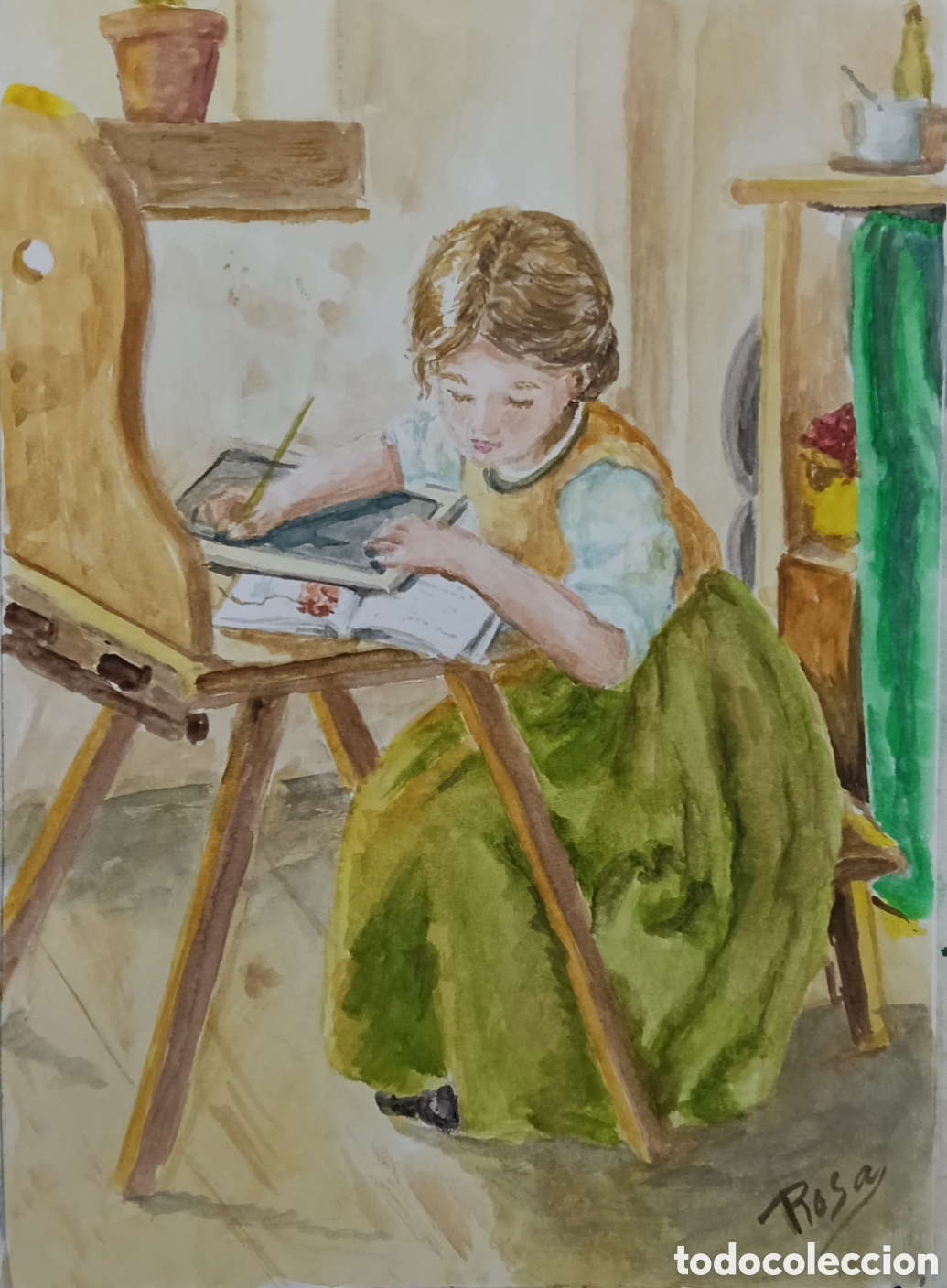 Arte: Acuarela. Ni&ntilde;a escribiendo