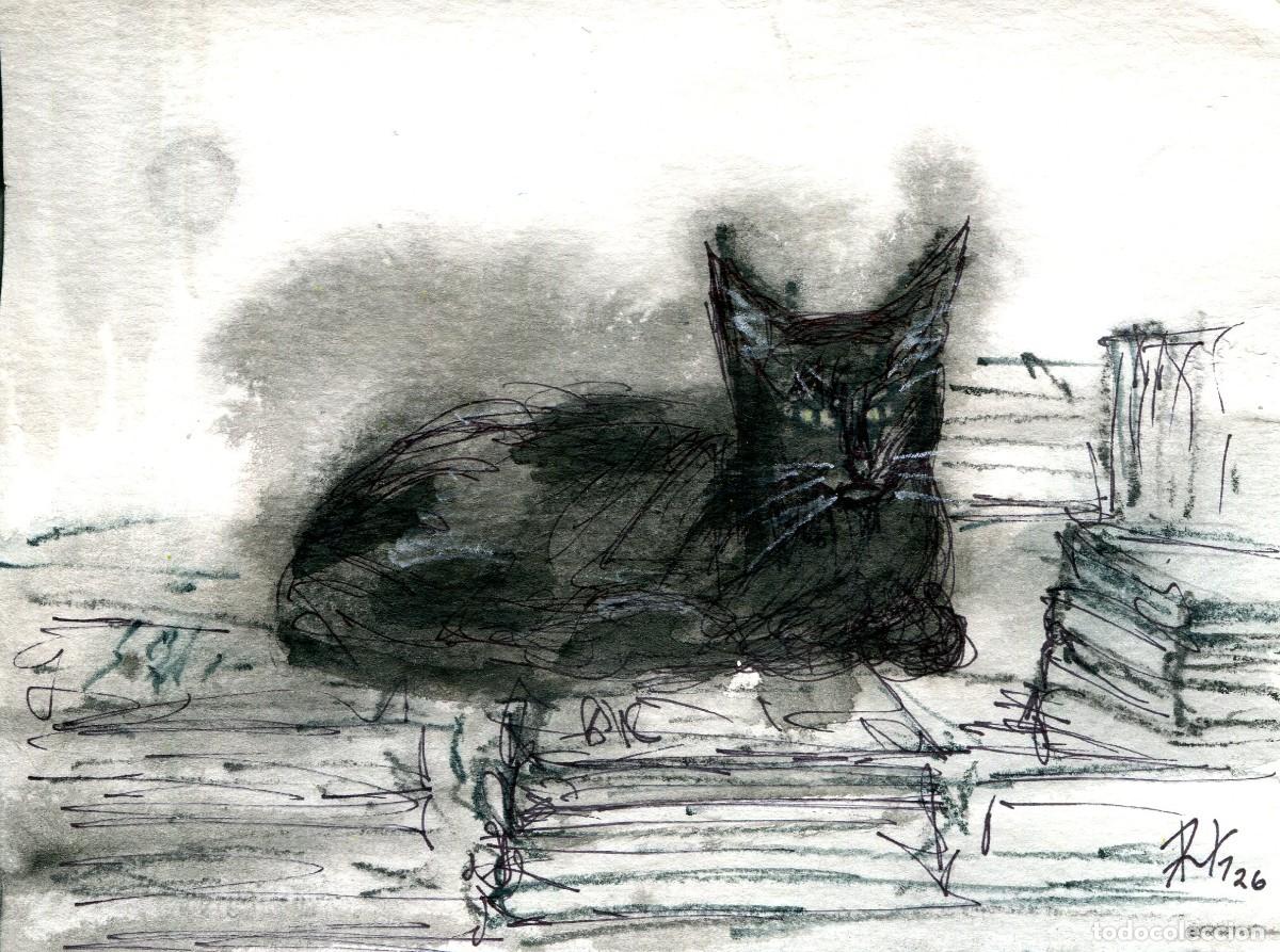 Arte: Acuarela de gato contempor&aacute;nea, original firmada. Ruth Gonz&aacute;lez 1977.