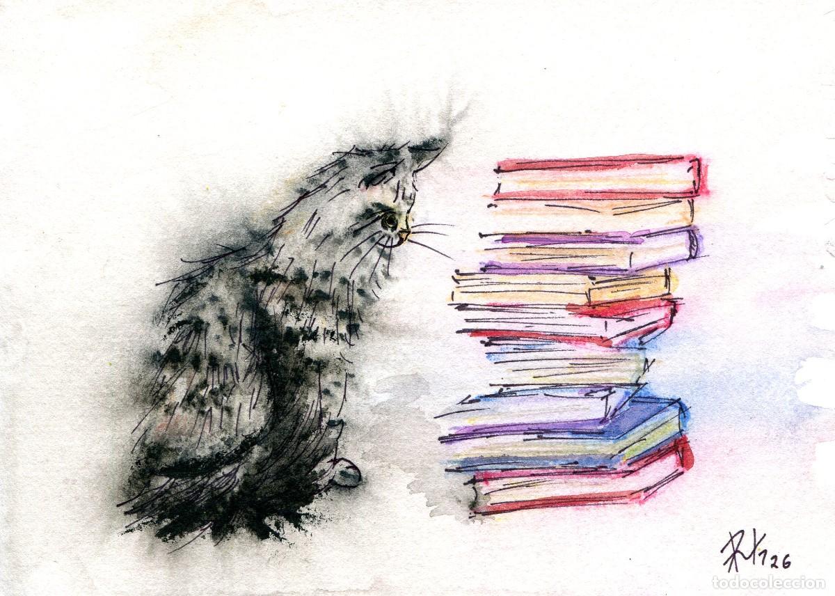 Arte: Acuarela de gato con libros contempor&aacute;nea, original firmada. Ruth Gonz&aacute;lez 1977.