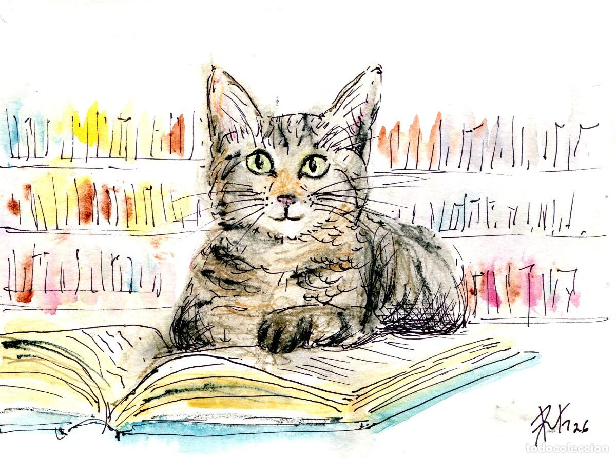 Arte: Acuarela de gato con libros contempor&aacute;nea, original firmada. Ruth Gonz&aacute;lez 1977.