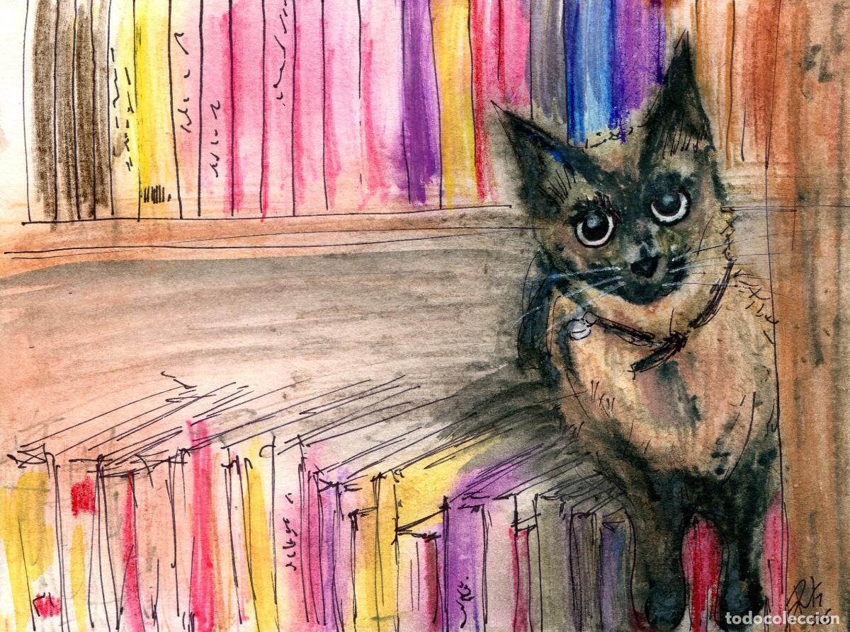 Arte: Acuarela de gato con libros contempor&aacute;nea, original firmada. Ruth Gonz&aacute;lez 1977.