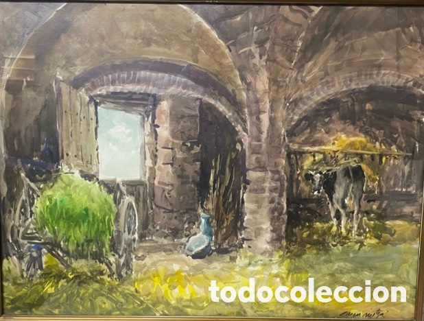 Arte: Acuarela sobre cartulina doble firma y sellado Emeri Mitj&agrave; Atserias Sant Privat d'en Bas 56 x 72 cm