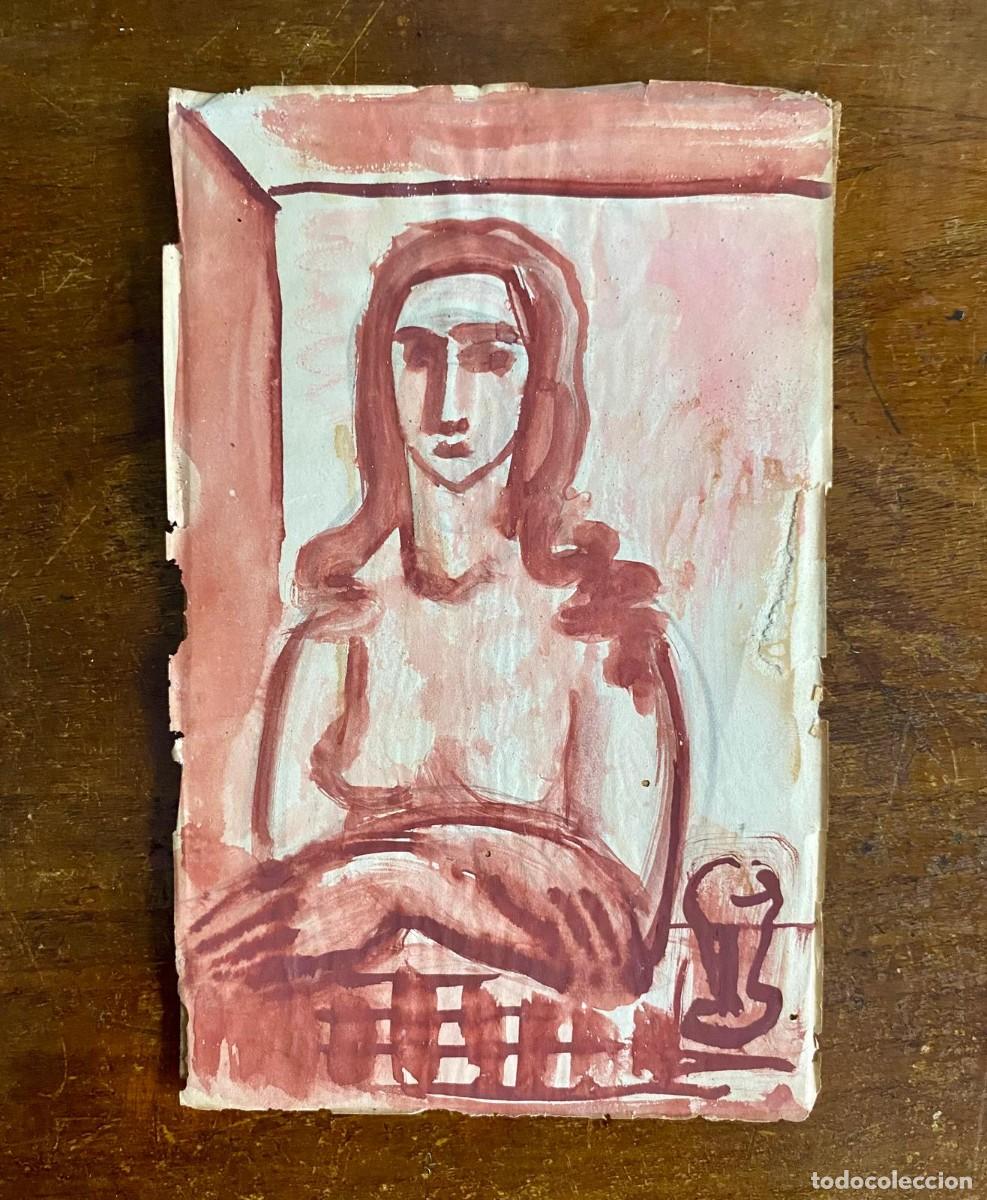 Arte: Retrato de mujer, acuarela sobre papel, 1940 - 1950, escuela catalana, sin firmar,
