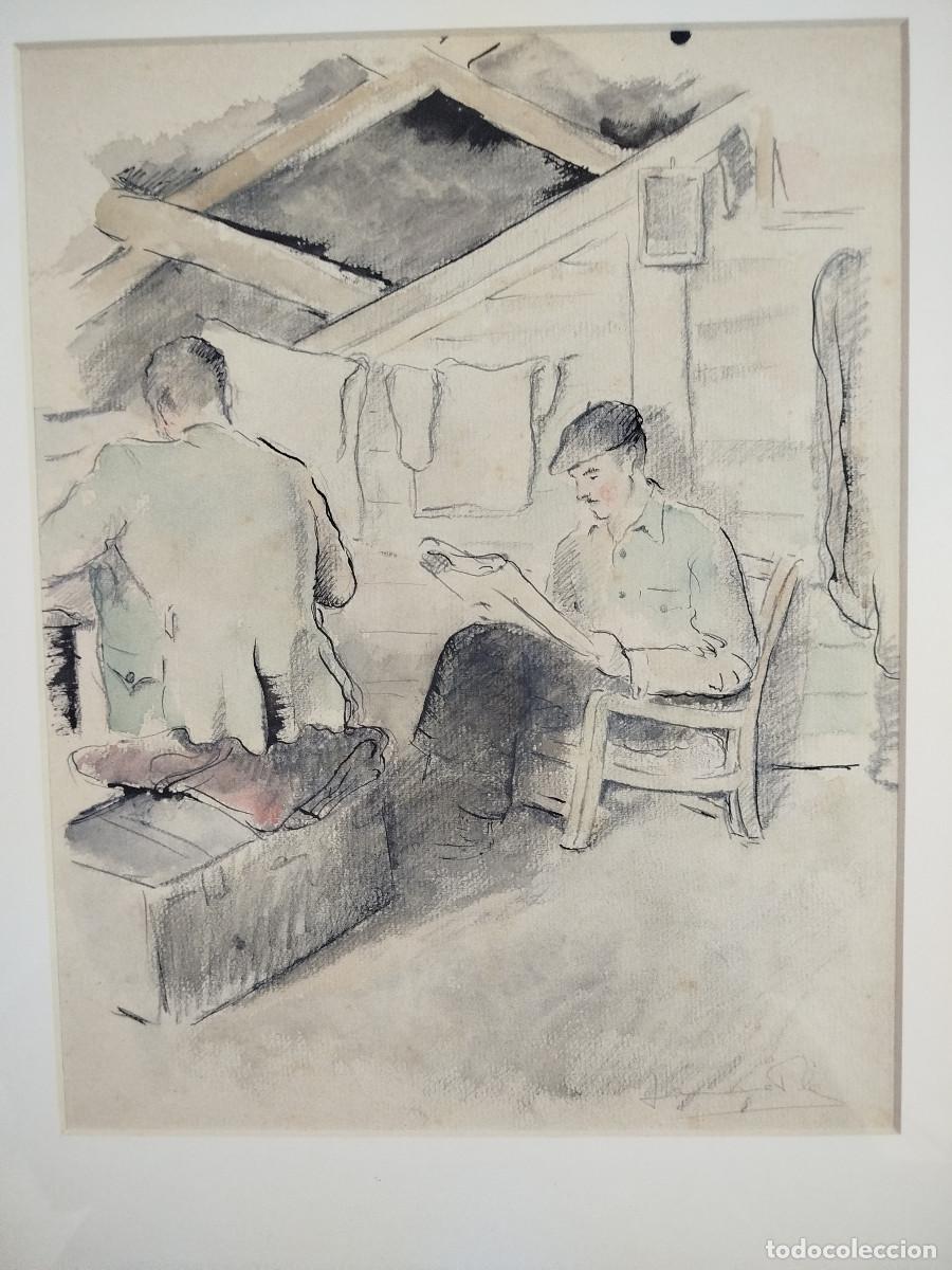 Arte: Jaume Pla Pallej&agrave;, llapis i aquarel&middot;la. Escena d'interior. Signada