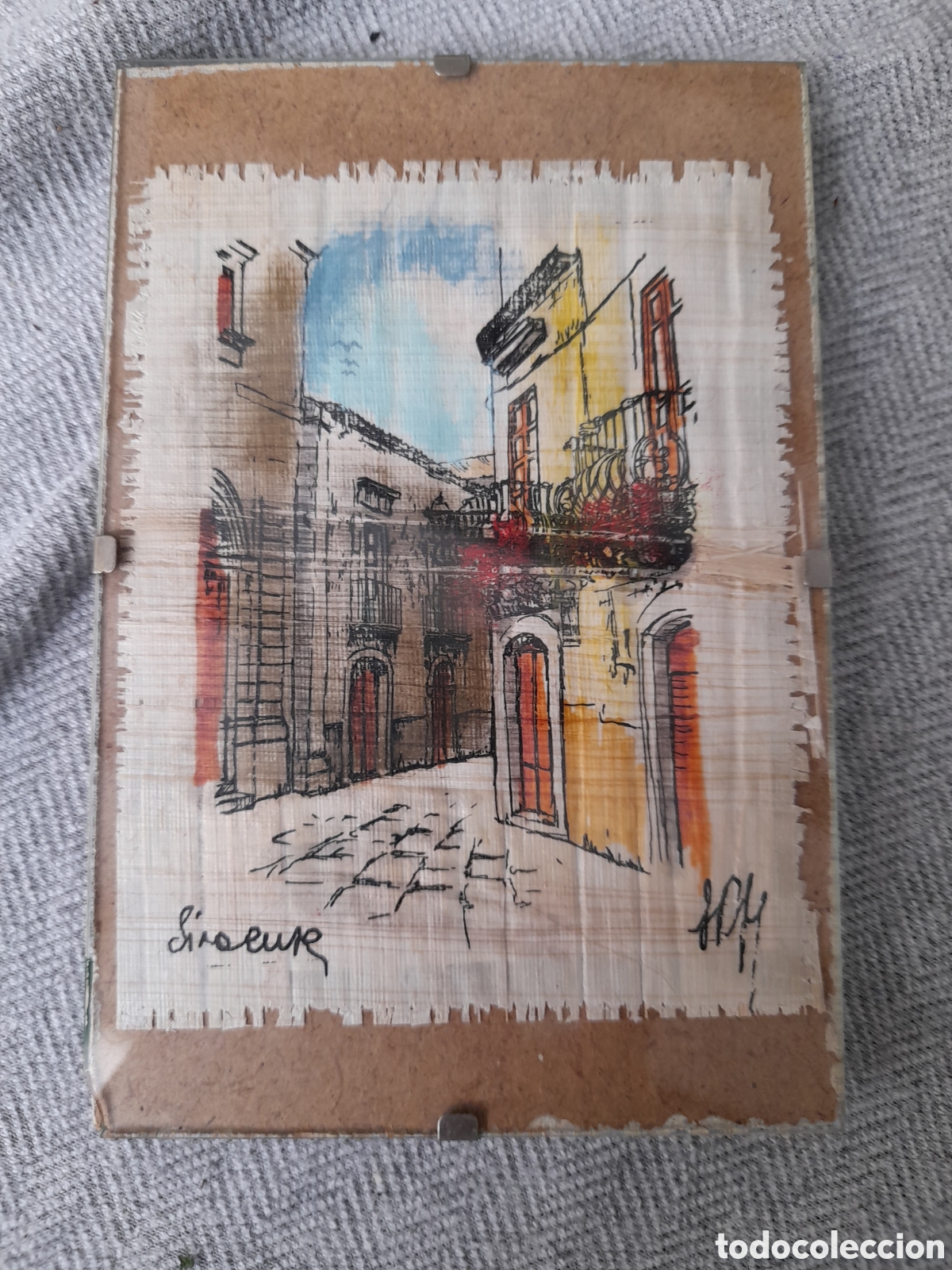 Arte: Acuarela original sobre Papiro de Siracusa (Sicilia) &ndash; Escena de Ortigia