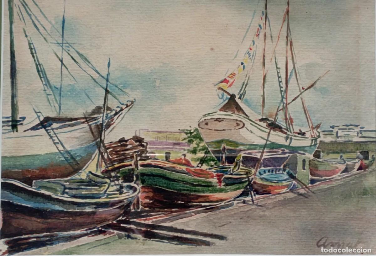 Arte: GABRIEL AMAT (1899-1984). Paisaje de puerto con barcos. Acuarela firmada