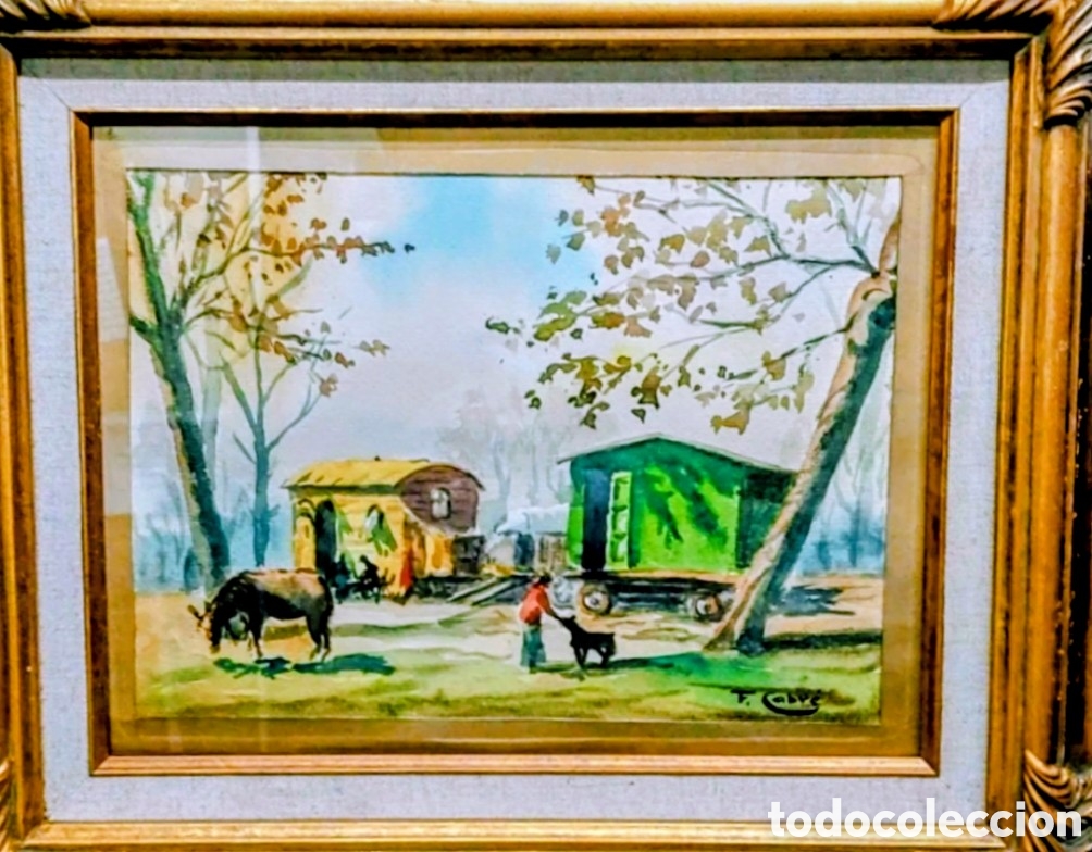 Arte: CABRE FRANCISCO ACUARELA GITANOS AL CAMPO 1953 MEDIDA 32X25 MAS MARCO