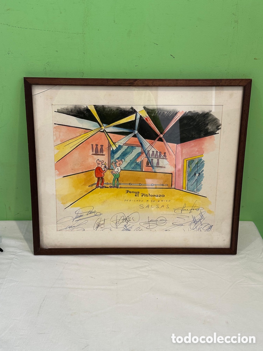 Arte: Acuarela original caricatura humor&iacute;stica espa&ntilde;ola Pe&ntilde;a El Pistonazo a&ntilde;os 70-80 firmada