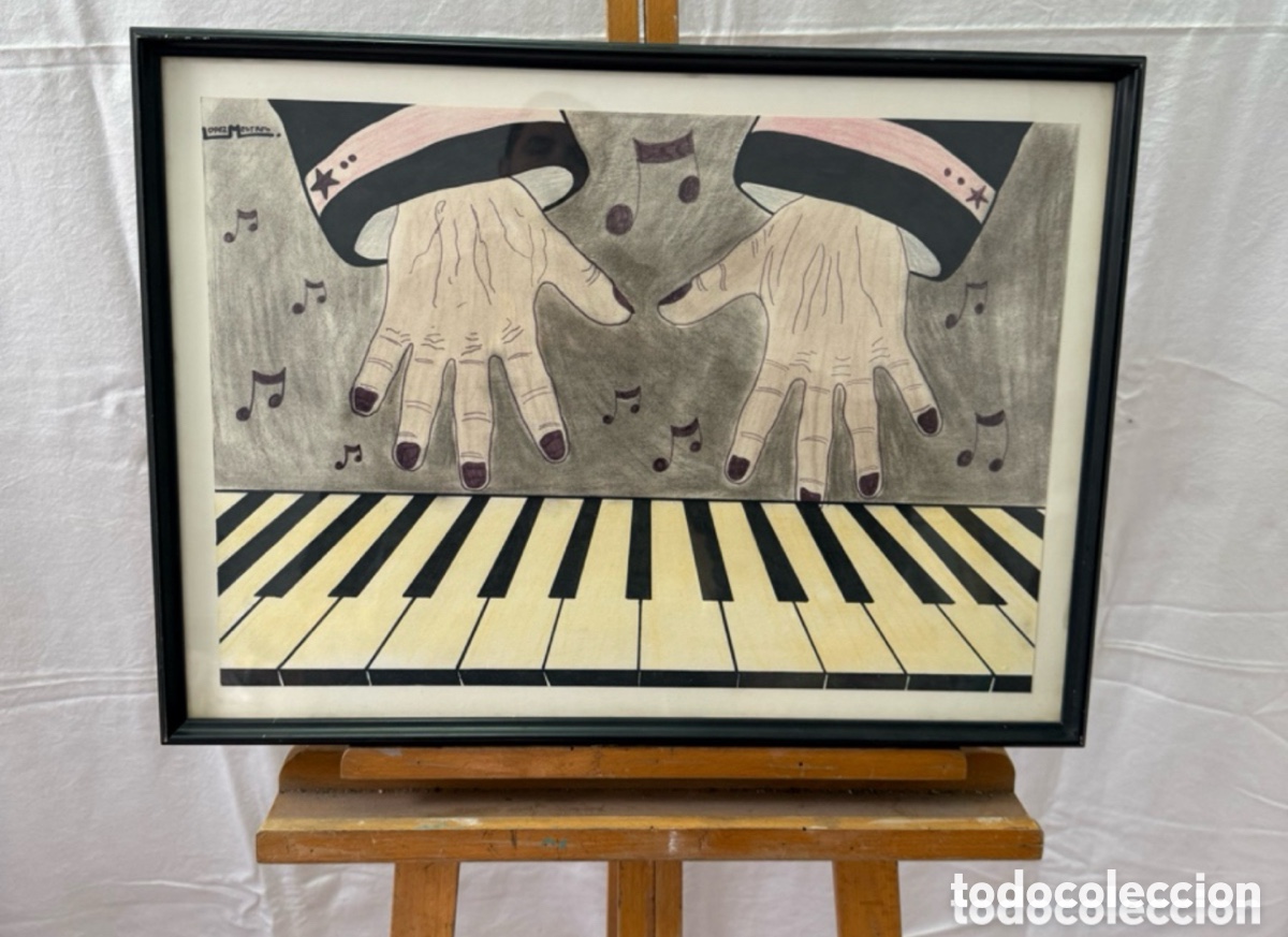 Arte: Acuarela firmada L&oacute;pez Mestres. Manos tocando piano. Arte contempor&aacute;neo.