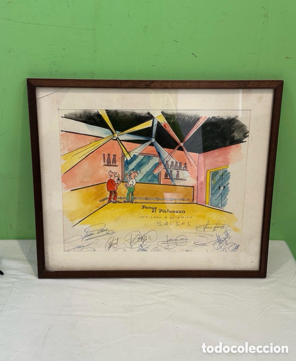 Arte: Acuarela original caricatura humor&iacute;stica espa&ntilde;ola Pe&ntilde;a El Pistonazo a&ntilde;os 70-80 firmada