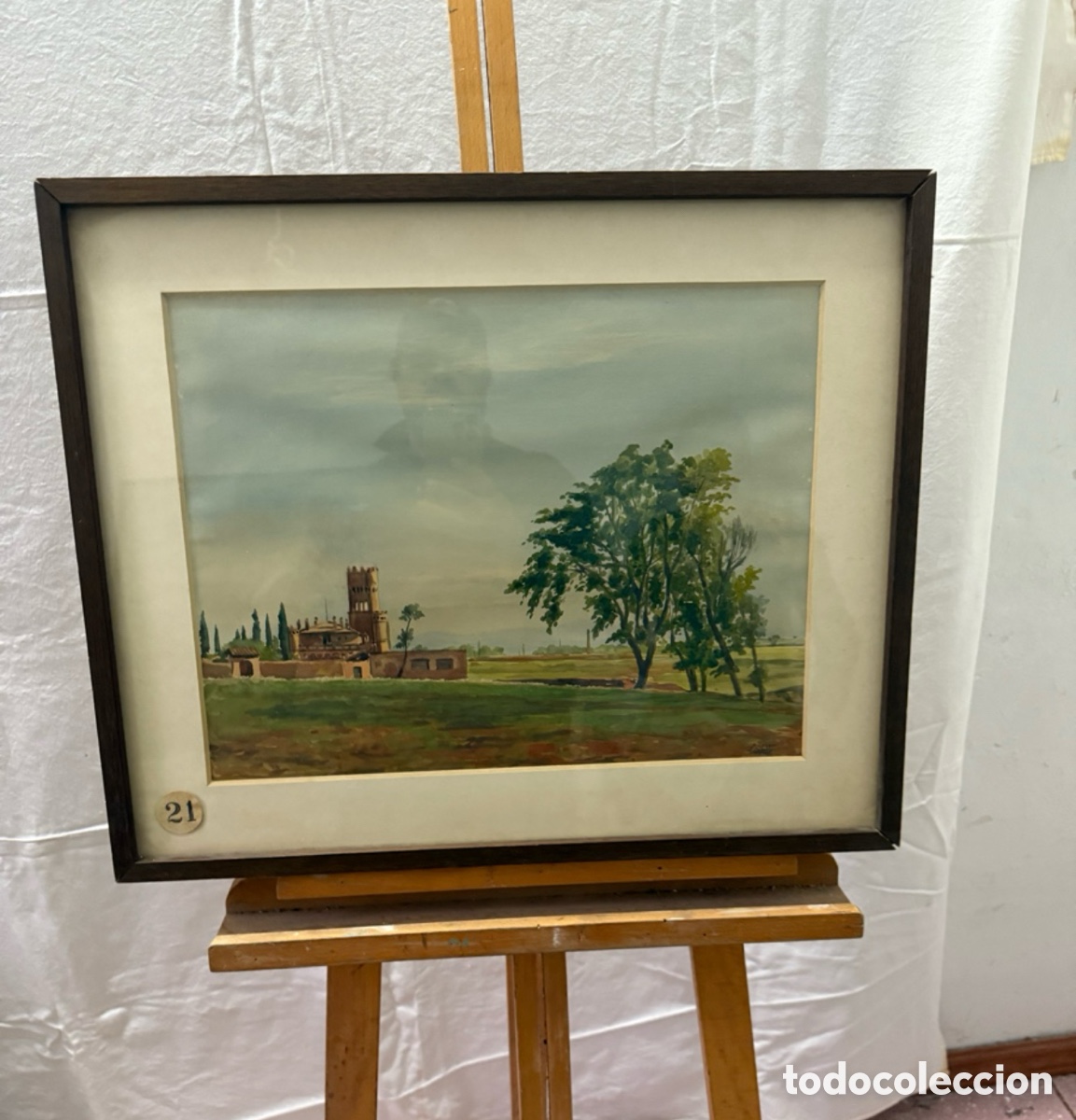 Arte: Francesc Socies i March acuarela Can Feu Sabadell firmada y etiquetada