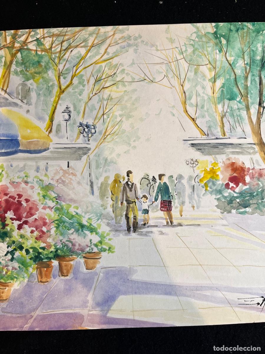 Art: Acuarela Las Ramblas Barcelona firmada Angy paisaje urbano impresionista vintage arte catal&aacute;n