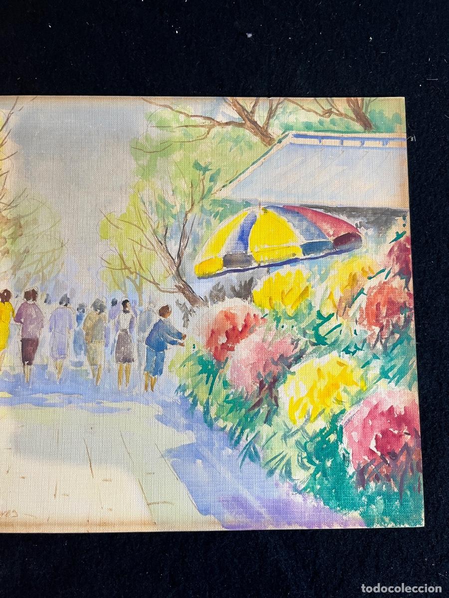 Arte: Acuarela Las Ramblas Barcelona P Mar&iacute;n mercado flores impresionista vintage arte catal&aacute;n