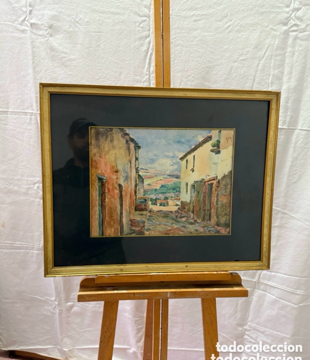 Arte: Pere Gorro Costa acuarela pintada a mano firmada calle de pueblo con paisaje escuela catalana.