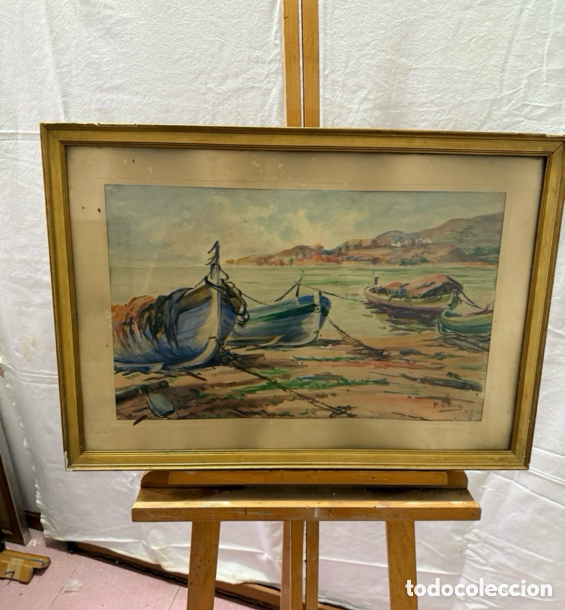 Arte: Pere Gorro Costa acuarela pintada a mano firmada barcas varadas en la playa escuela catalana/