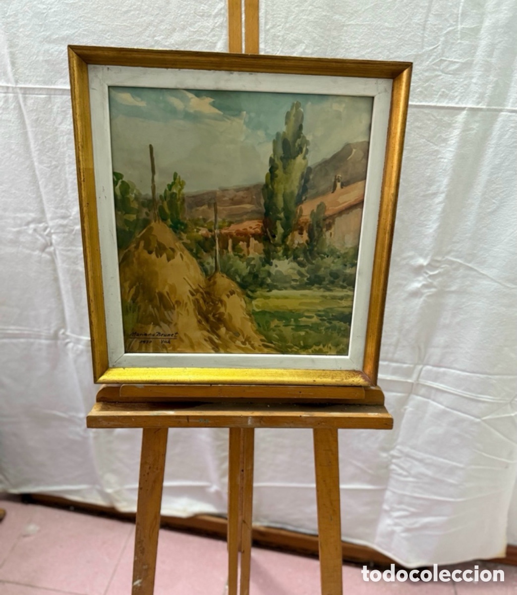 Arte: Mariano Brunet acuarela firmada paisaje urbano Vic Barcelona.