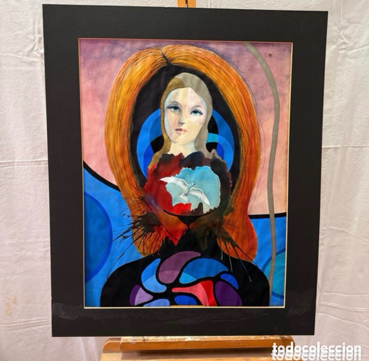 Art: Joan Copons 1942 acuarela surrealista retrato femenino simb&oacute;lico firmada gran formato (62&times;50 cm).