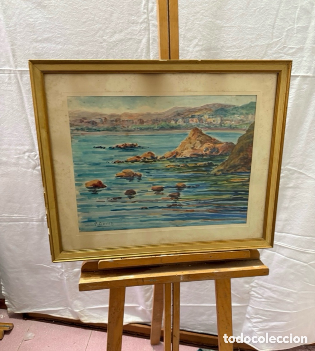 Arte: Pere Gorro Costa acuarela pintada a mano firmada paisaje marino con rocas escuela catalana.