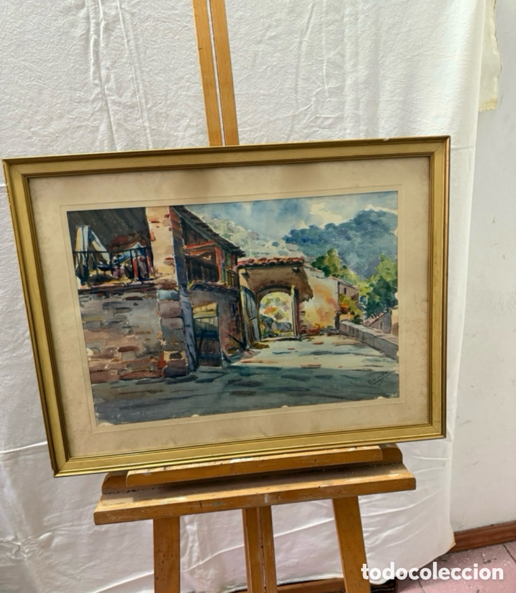Arte: Pere Gorro Costa acuarela pintada a mano firmada escena urbana con arco escuela catalana.