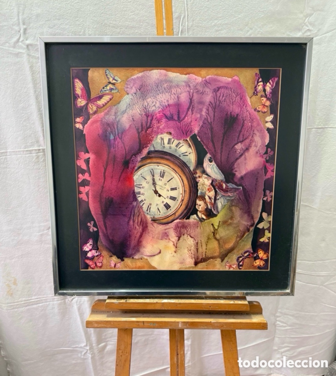 Arte: Joan Copons 1942 acuarela surrealista reloj mariposas composici&oacute;n simb&oacute;lica
