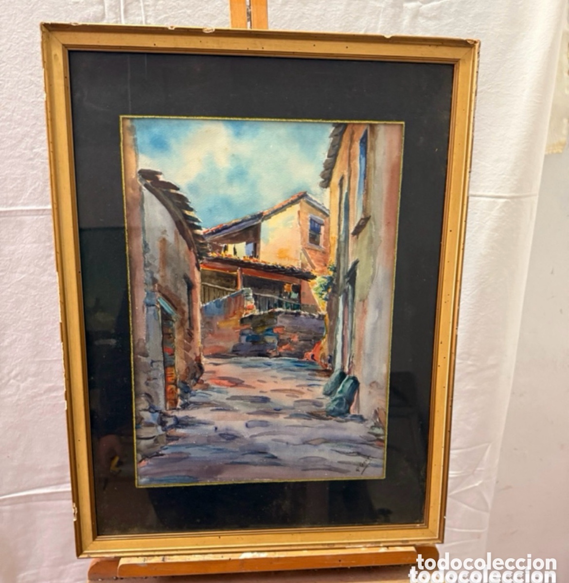 Arte: Pere Gorro Costa acuarela pintada a mano firmada calle pueblo enmarcada escuela catalana.