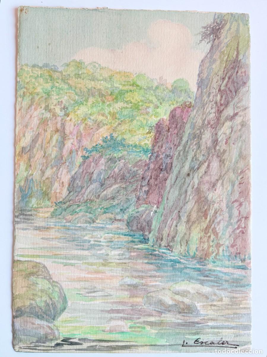 Arte: LAMBERT ESCALER(1874-1957) &mdash; Paisaje &mdash; Acuarela original firmada, doble cara &mdash; Modernismo catal&aacute;n