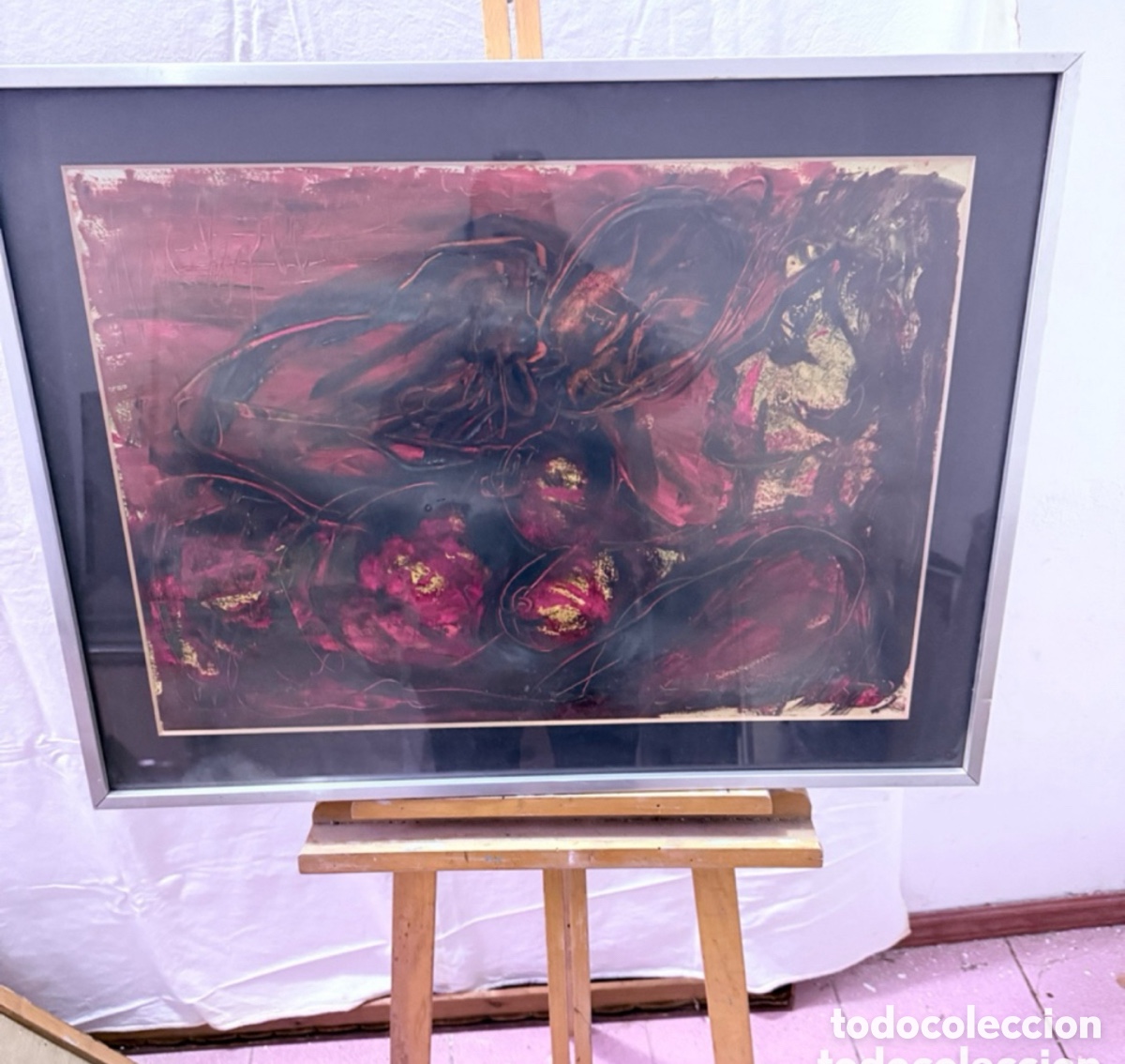 Arte: &Oacute;leo sobre papel composici&oacute;n abstracta enmarcada gran formato t&eacute;cnica expresiva