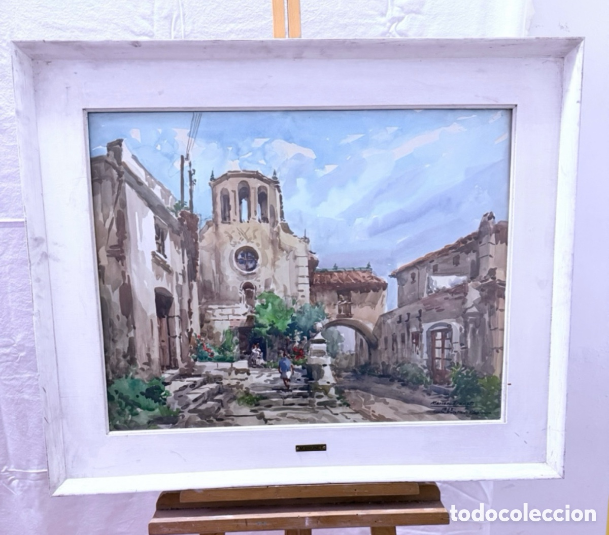 Arte: Acuarela firmada Mariano Brunet 1972 vista urbana Tarragona Santa Eulalia