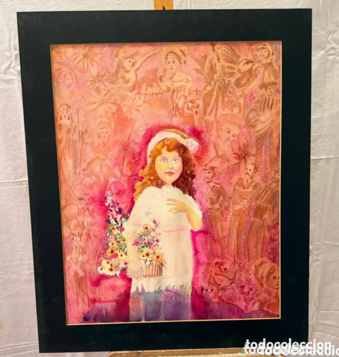 Arte: Joan Copons 1942 acuarela surrealista figura femenina ni&ntilde;a flores firmada. (64&times;50)