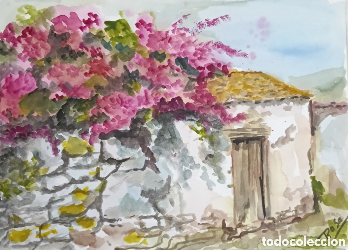 Arte: Acuarela. Casa de campo con buganvilla