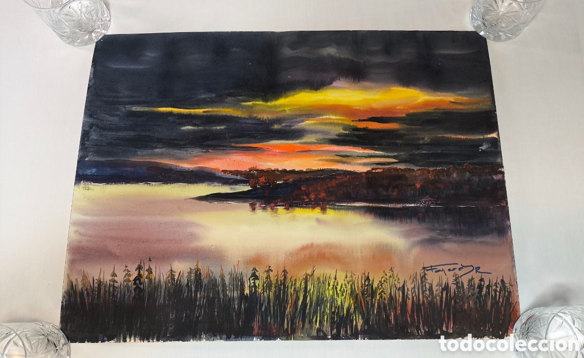 Arte: Acuarela original paisaje lacustre atardecer firmada Fajardo R