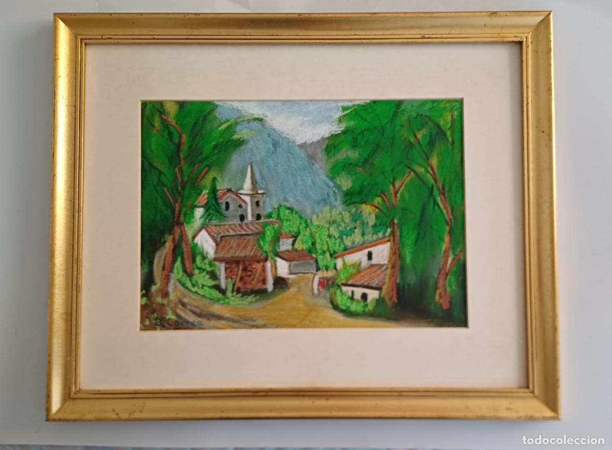 Kunst: PAISAJE RURAL ESTILO NAIF EN ACUARELA Y TEMPURA ENMARCADO CON CRISTAL FRIMADO L.CORREA