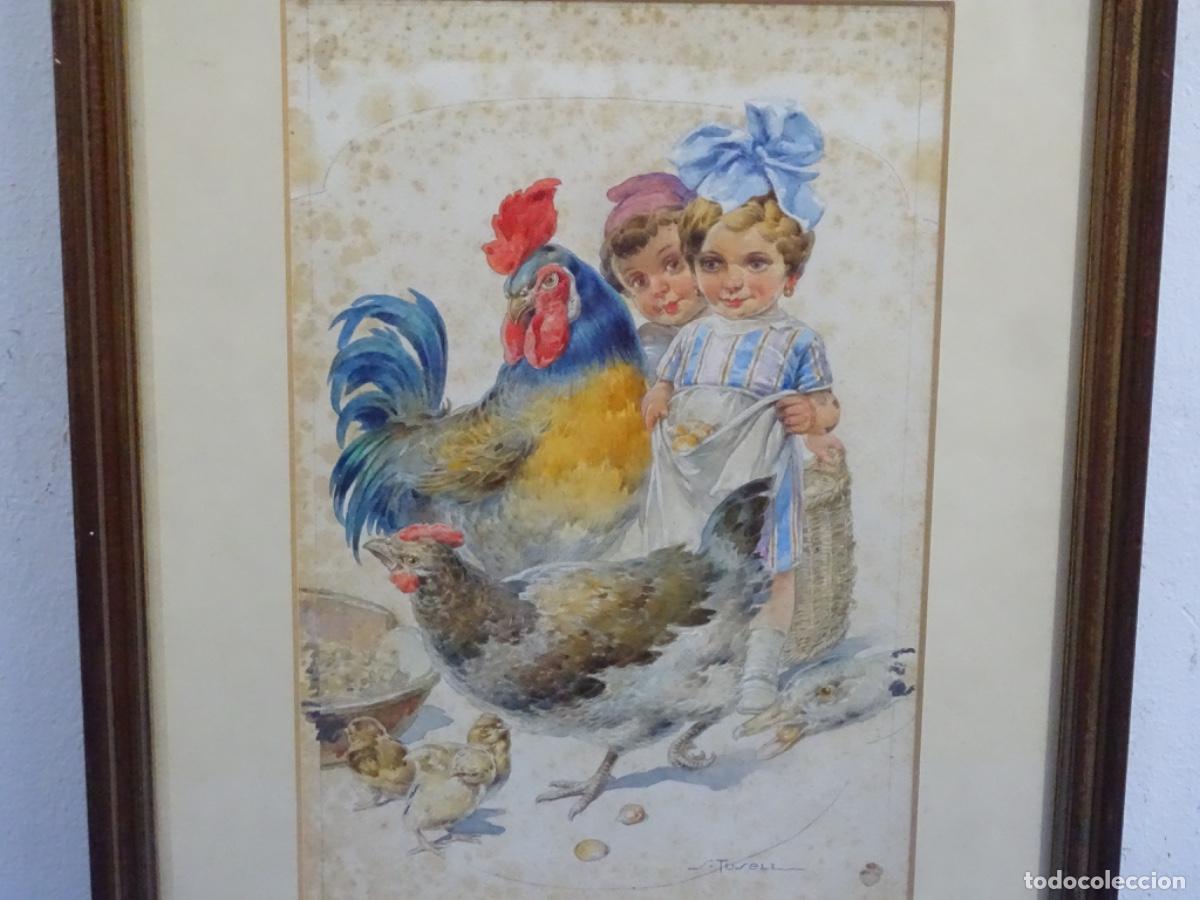 Arte: ACUARELA SALVADOR TUSELL 8 GRANER. NI&Ntilde;OS CON GALLINAS. GRAN DETALLE.