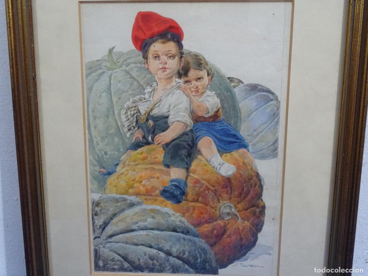 Arte: ACUARELA SALVADOR TUSELL 8 GRANER. NI&Ntilde;OS CON CALABAZAS. GRAN DETALLE.