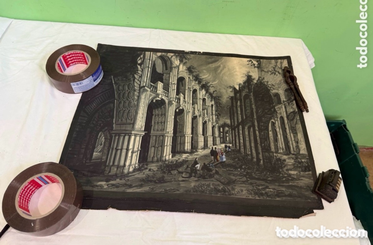 Arte: Acuarela escenogr&aacute;fica teatral interior arquitect&oacute;nico cl&aacute;sico 57x47 cm.