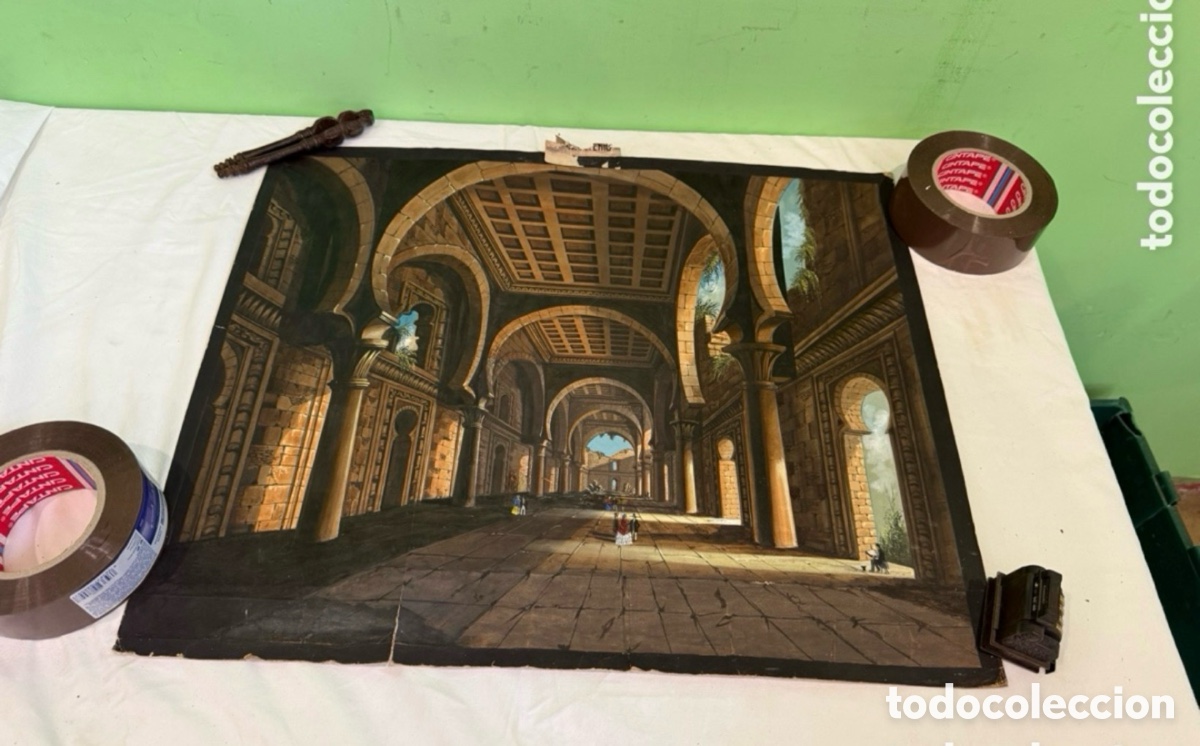 Arte: Acuarela escenogr&aacute;fica teatral interior arquitect&oacute;nico cl&aacute;sico 57x47 cm.
