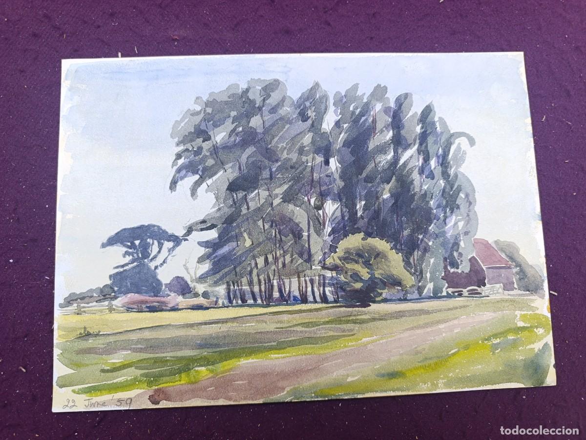 Kunst: Obra Original, Acuarela, 1950&acute;s - 60&acute;s, Paisaje Rural, Granja o similar, unos 36 x 25 cms.