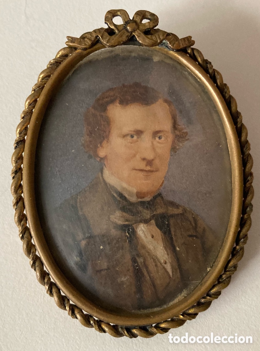 Arte: Retrato miniatura pintado sobre marfil y marco de bronce. Bonito y perfecto. Principios siglo XIX.