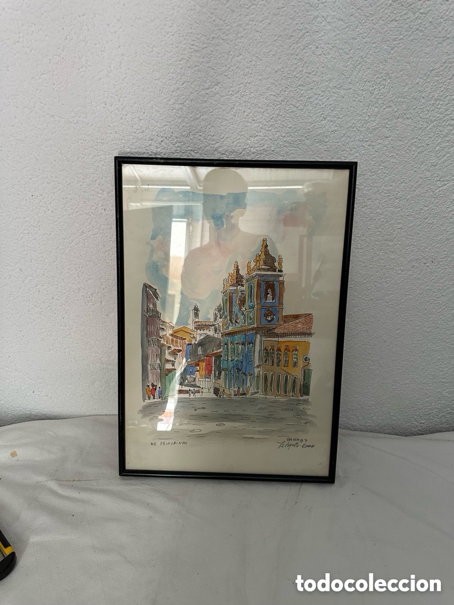 Arte: Acuarela original firmada Bahia 87 Pelourinho Brasil escena urbana arquitectura colonial enmarcada