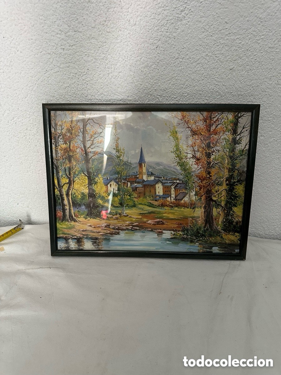 Arte: Acuarela original paisaje con &aacute;rboles firmada enmarcada composici&oacute;n minimalista contempor&aacute;nea